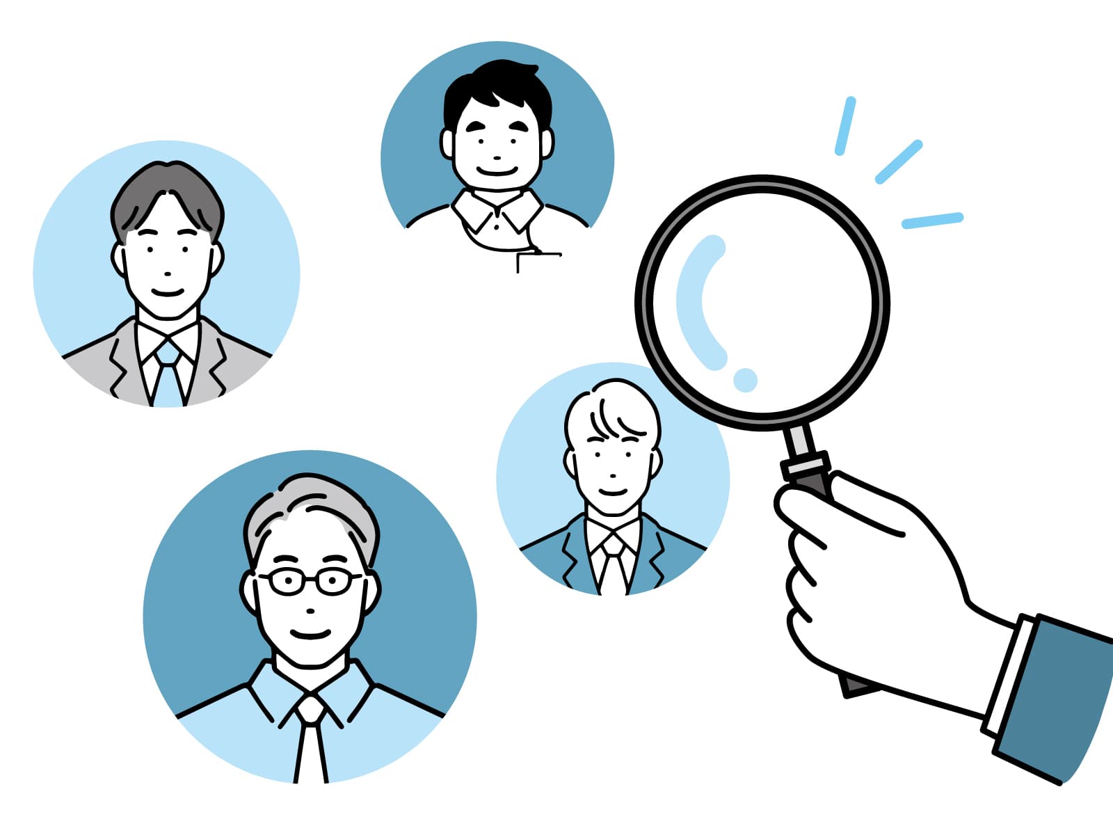 いろいろなビジネスマンを見る虫眼鏡