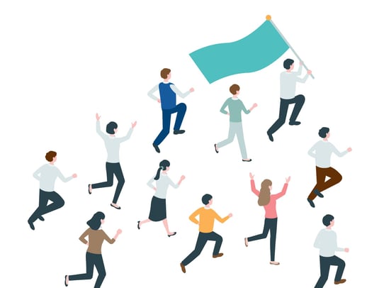 旗を掲げて走る人たち