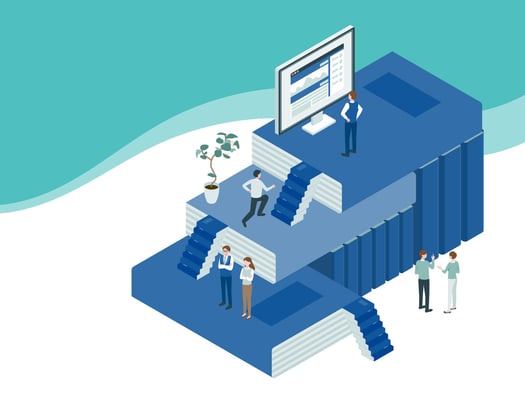 青い本と階段の人物