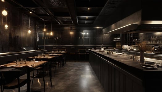 a kitchen at the restaurant with dark atomospher