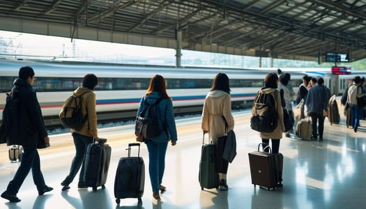 tourists carrying suit cases at a station waiting for a bullet train