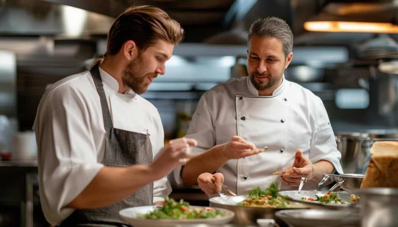 盛り付けるシェフ